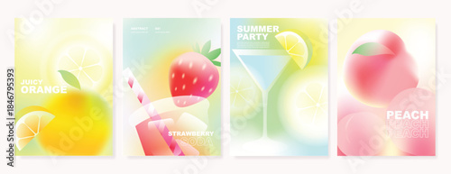 Abstract colorful gradient fruit card background set. Minimalist poster with lemon. Modern summer and spring wallpaper design for drink menu, promotion, beverages, ads.
