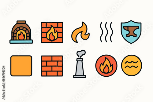 Fire, safety flat icon set. Fireplace, heating and security icons collection