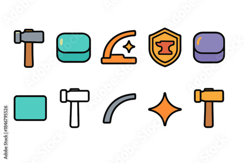 Crafting and carpentry flat icon set. Hammer, anvil, tool icons for diy projects