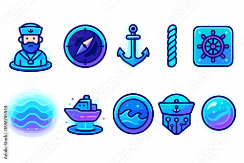 Nautical and marine outline icon set. Sea exploration, sailing, ship icons collection.