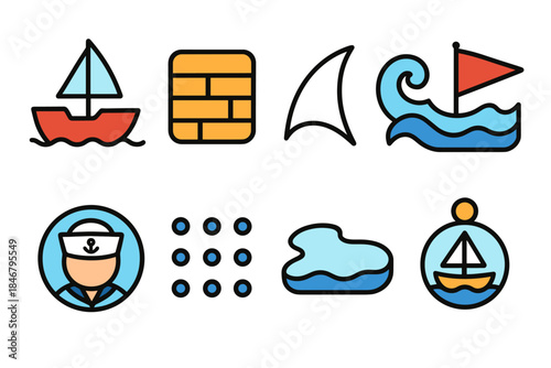 Nautical and sailing icon set. Maritime, ocean adventure flat icons collection