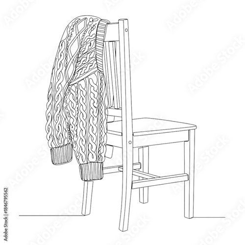 knitted sweater on chair.  Cozy Knit Sweater Draped Over Rustic Wooden Chair - Minimalist Line Art Illustration