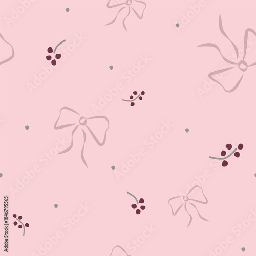 Soft pink seamless pattern with bows and tiny details creating a cute romantic background