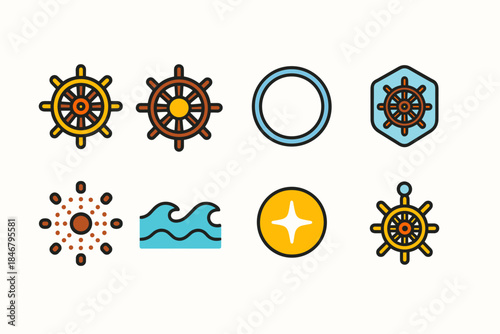 Nautical, marine flat icon set. Boat, sea exploration icons flat collection