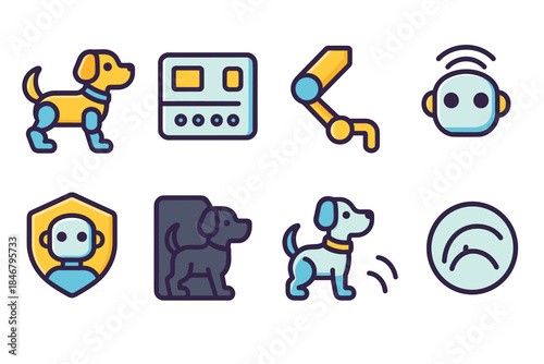 Robot and pet icon set. Cute, robotic and animal icons, colorful, flat style collection.