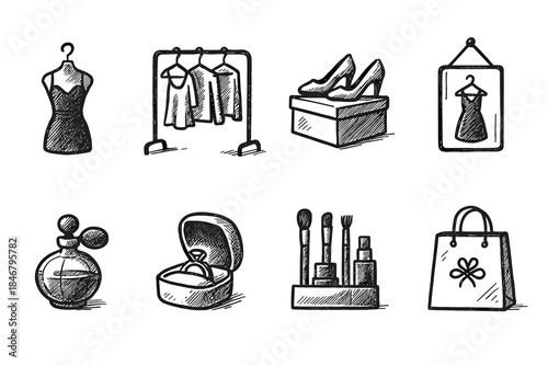 Fashion and beauty sketch icon set. Apparel, accessories, makeup icons outline collection