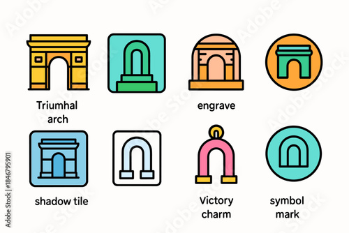 Landmarks silhouette icon set featuring famous arches and monuments.