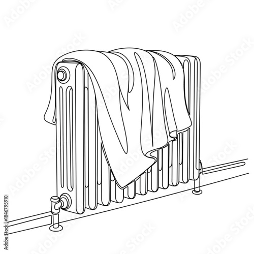 blanket over radiator.  Vintage Radiator with Towel, Line Art Illustration, Cozy Home Comfort, Heating Element, Bathroom Decor, Winter Warmth, Retro Style