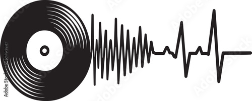 Vinyl record seamlessly transitions into a sound wave and heartbeat line representing the rhythm of music on a white background