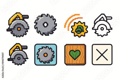 Carpentry tools flat icon set. Saw, cutting, woodwork icons collection in flat style