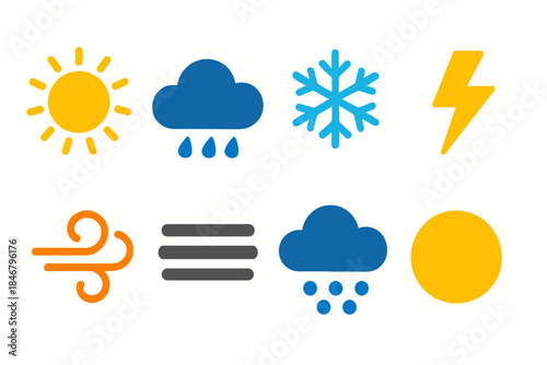 Weather flat icon set. Sun, rain, snow, cloud, and storm flat icon collection