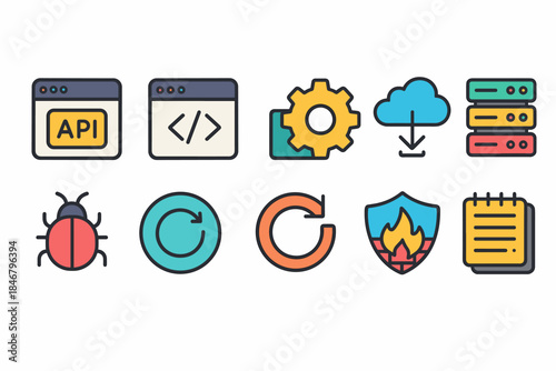 Web development flat icon set. Coding, api, cloud, bug fixing, sync icons collection
