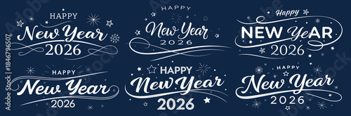  Happy New Year 2026 We wish you. handwritten lettering topography sparkle firework dark blue background
