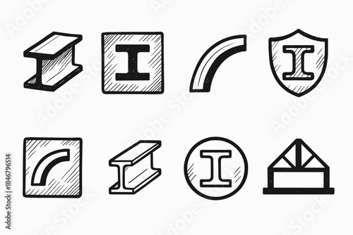 Steel, construction sketch icon set. Industrial, building materials outline collection