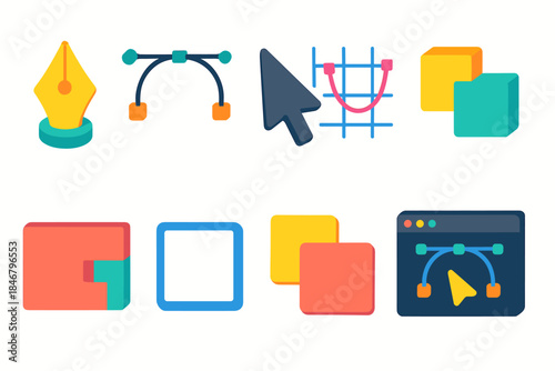 Graphic design flat icon set. Vector, tools, edit icons flat collection.