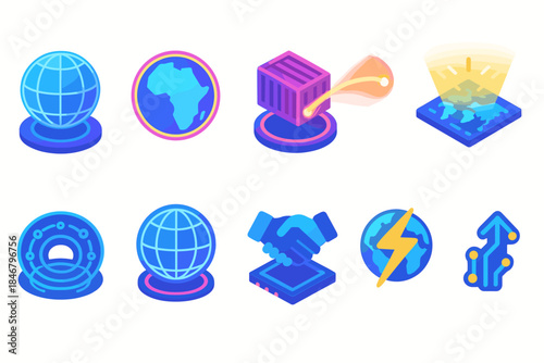Technology and globalization 3d icon set: innovation and networking symbols collection