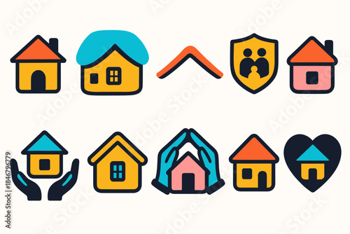 Home and family icon set. Flat style symbols for housing and community concepts