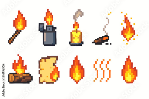 Fire and flame pixel icon set. Retro, pixelated design, flat style collection