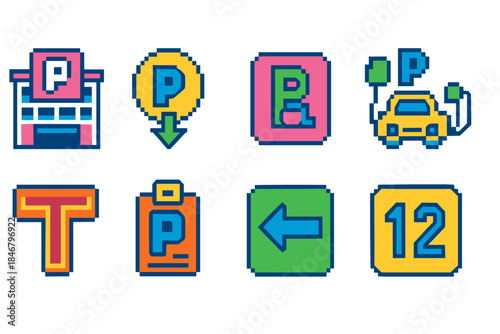 Pixel art parking icon set. Colorful, retro style pixel symbols for parking signage