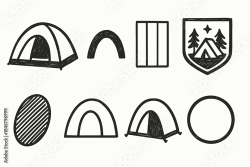 Camping and outdoor adventure icon set. Hand-drawn camping, equipment icons collection.