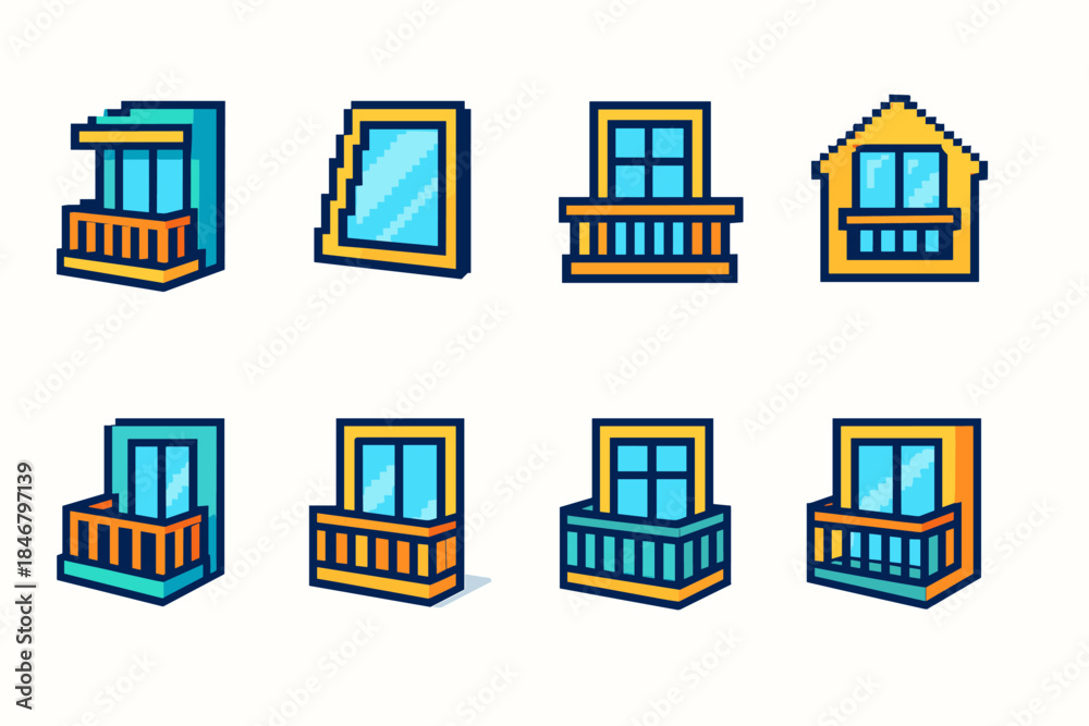 Fototapeta premium Window and balcony flat icon set. Outdoor views, architecture, building design collection.