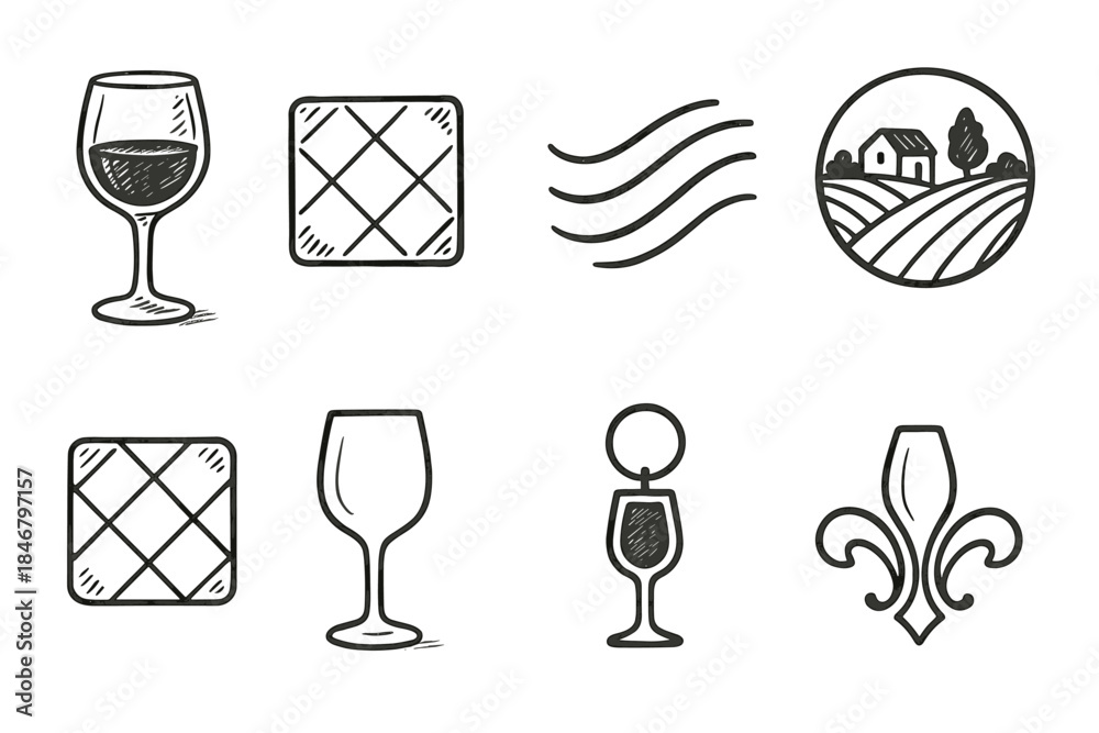 Obraz premium Wine and vineyard linear icon set. Glass, vineyard, and farm outline icons collection