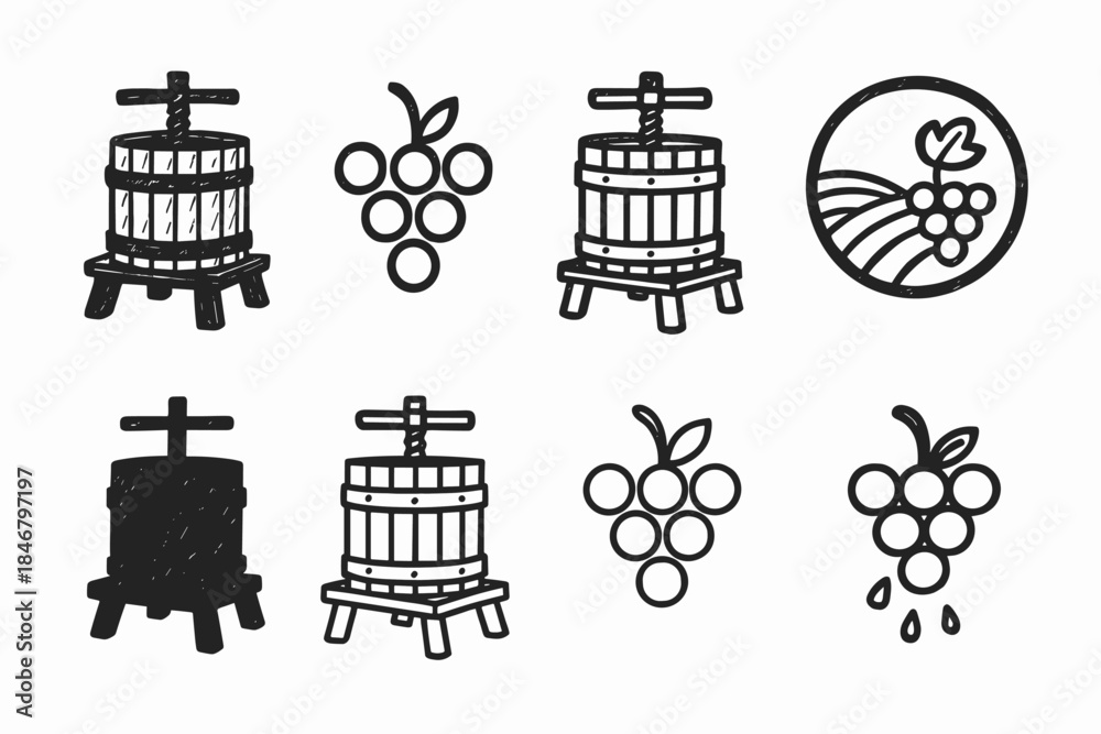 Obraz premium Wine production, winemaking outline icon set. Vineyard, grape harvest icon collection
