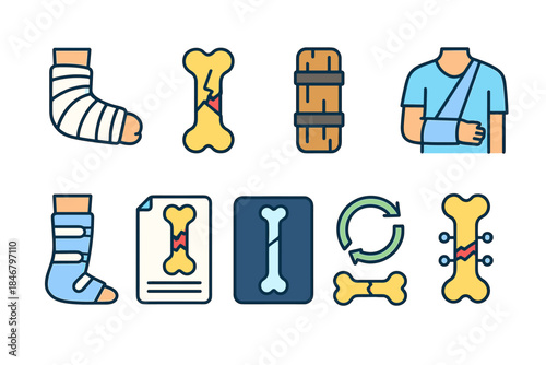 Medical injury and recovery icon set. Healthcare, bone, fracture icons linear collection