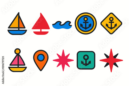Nautical, sailing filled icon set. Marine, sea navigation symbols collection for apps