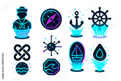Nautical, marine 3d icon set. Sailor, compass, anchor, wheel icons in 3d style