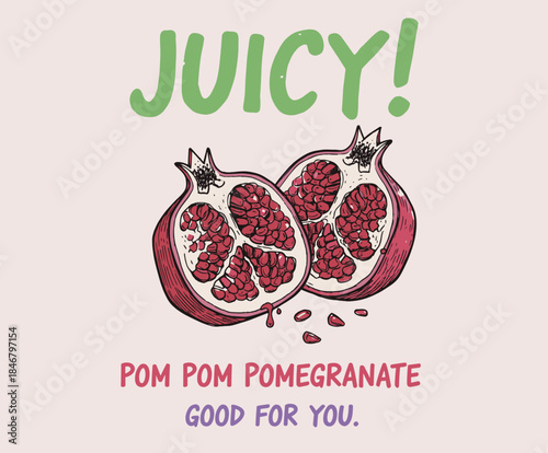 Fresh pomegranate fruit print. Pomegranate fruit artwork. Summer food poster design. Nature watercolor design. Hand sketch artwork. Fresh food artwork for for t shirt.