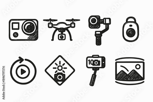 Photography equipment linear icon set. Camera, drone, gimbal icons outline collection