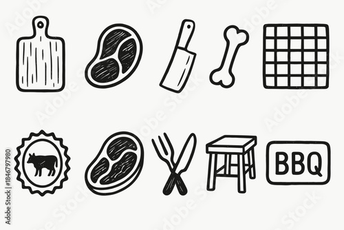 Bbq, grilling linear icon set. Barbecue tools and meats in a line art collection