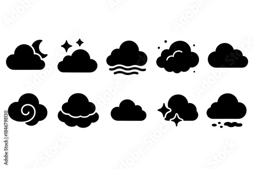 Weather, climate silhouette icon set. Cloudy, storm, night icons silhouette collection
