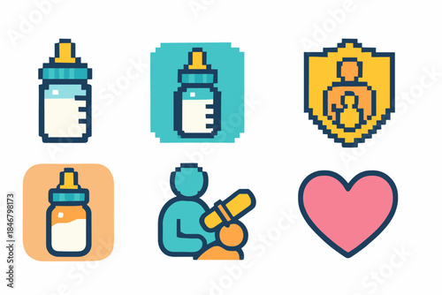 Baby care flat icon set. Feeding, parenting, motherhood icons collection".