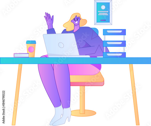 Vector flat gradient illustration of a person working on a computer while working remotely.

