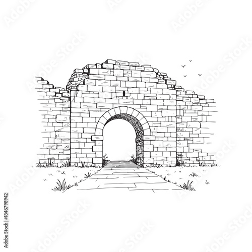 Hand drawn ink sketch of ancient stone castle ruins with an archway and crumbling walls, isolated architectural illustration on white paper texture background.
