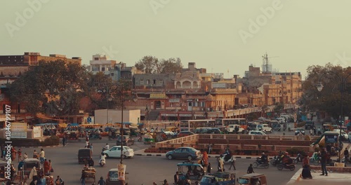 Jaipur, Rajasthan, India. Traffic On Chanpole Bazar Rd. Chhoti Chopad Street During Morning. Cars Moving On Street. Busy Traffic In City Street. Tuk-tuk Cycle, Bikes, Cars, Motorcycles Moving On