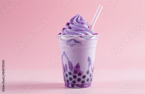 Purple Taro Bubble Tea With Creamy Foam And Tapioca Pearls In Clear Cup On Pastel Background Creating Trendy Beverage Concept
