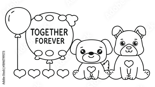 A cute teddy bear and dog sit together with a balloon and hearts