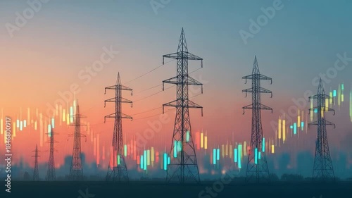Sunset over power lines with vibrant energy graph, illustrating electricity consumption trends and modern infrastructure concepts Background 4k video footage