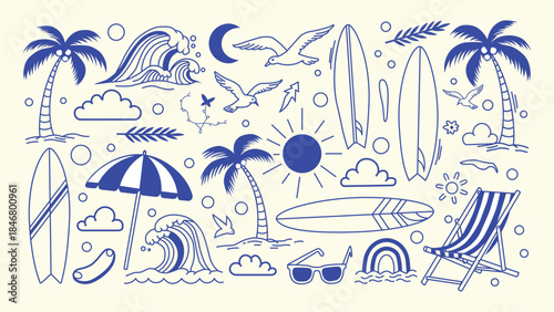 Hand Drawn Blue Summer Beach And Surfing Doodle Vector Set