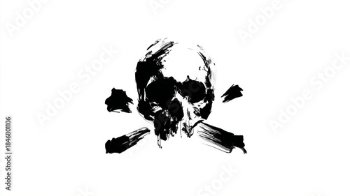 Minimalist black ink skull and crossbones illustration, bold strokes, isolated on white, 169