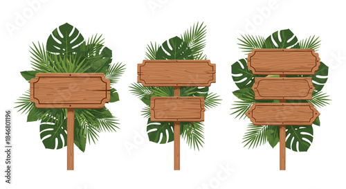 Set of rustic wooden signboards and arrow signs decorated with lush green tropical monstera and palm leaves, isolated on white.