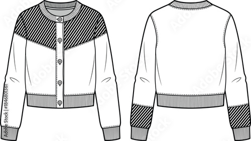 PrintWomen cardigan sweater fashion illustration, button front knitwear vector, ribbed cuff design sketch, front back view garment outline, clothing style drawing