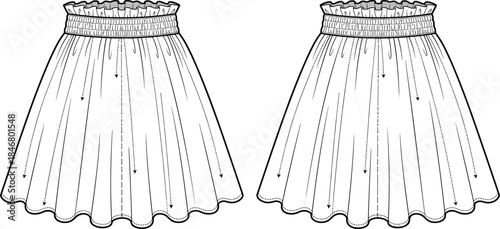 PrintWomen skirt fashion illustration, pleated silhouette vector, gathered waistband design sketch, front back view garment outline, clothing style drawing, textile apparel art