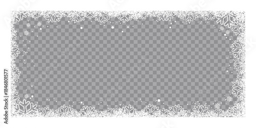 Winter snowflake frame with transparent center, featuring decorative white frosty border and falling snow on a checkered background, perfect for Christmas photo overlays, greeting cards.