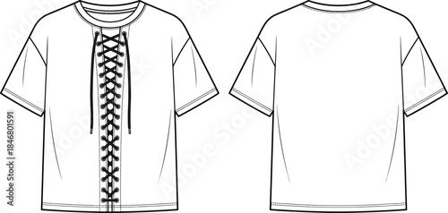 PrintWomen t-shirt fashion illustration, lace up front design vector, short sleeve garment sketch, front back view clothing outline, apparel style drawing
