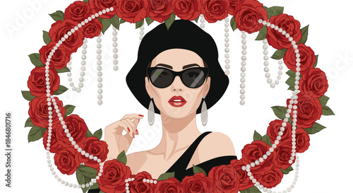 Portrait of a glamorous and elegant woman in sunglasses and a black hat, framed by a beautiful wreath of red roses and pearls.
