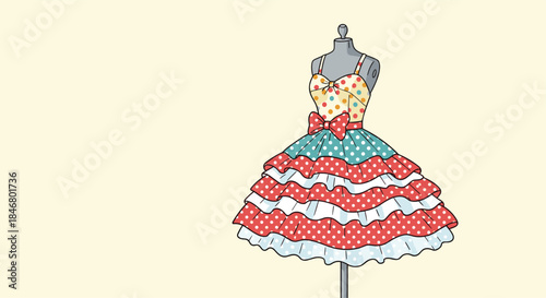 Colorful retro-style polka dot and striped summer dress with bows and ruffles displayed on a mannequin, with copy space.